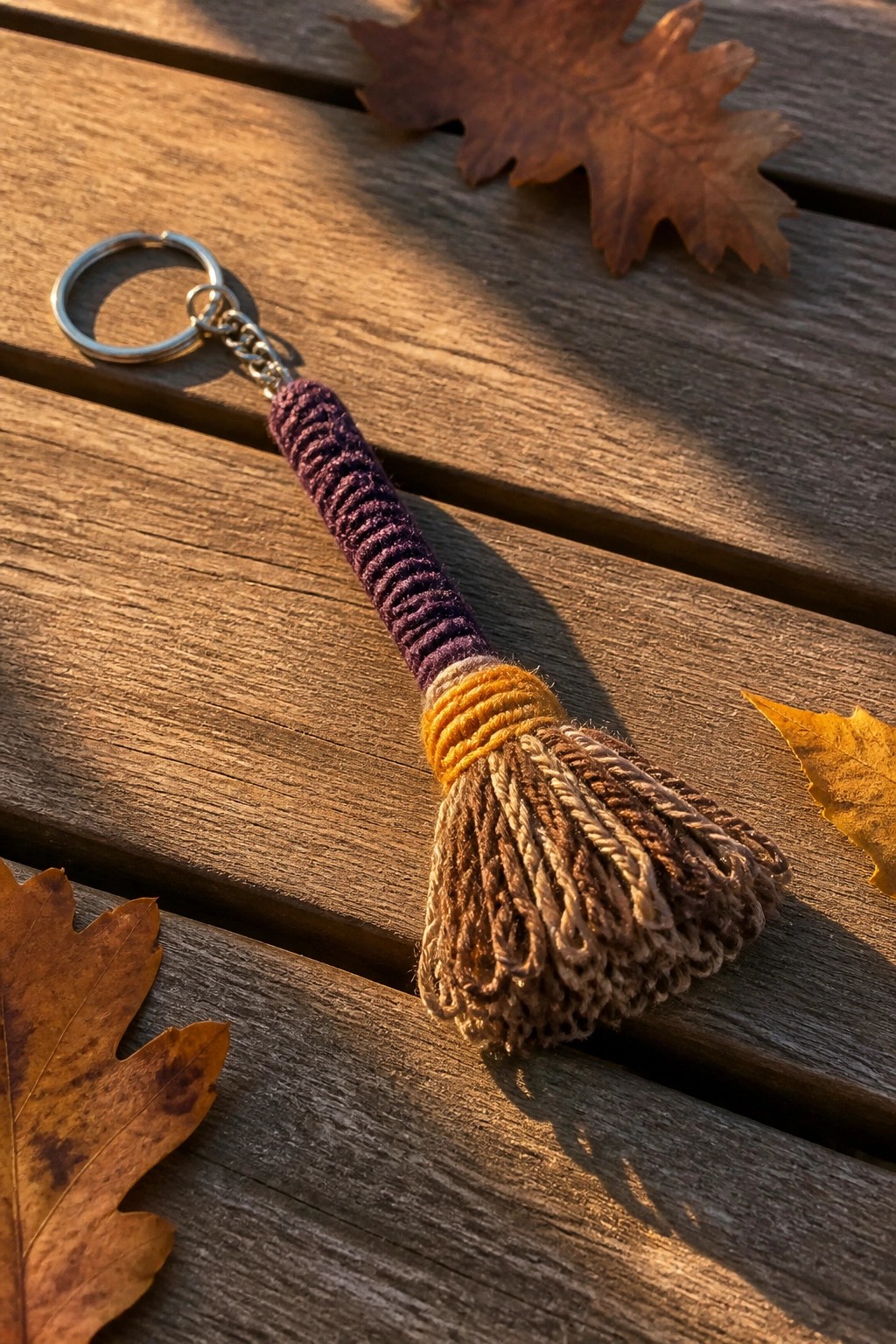 A crocheted keychain with a purple handle, yellow band, and brown tassel shaped like a broom rests on wood beside dry leaves.