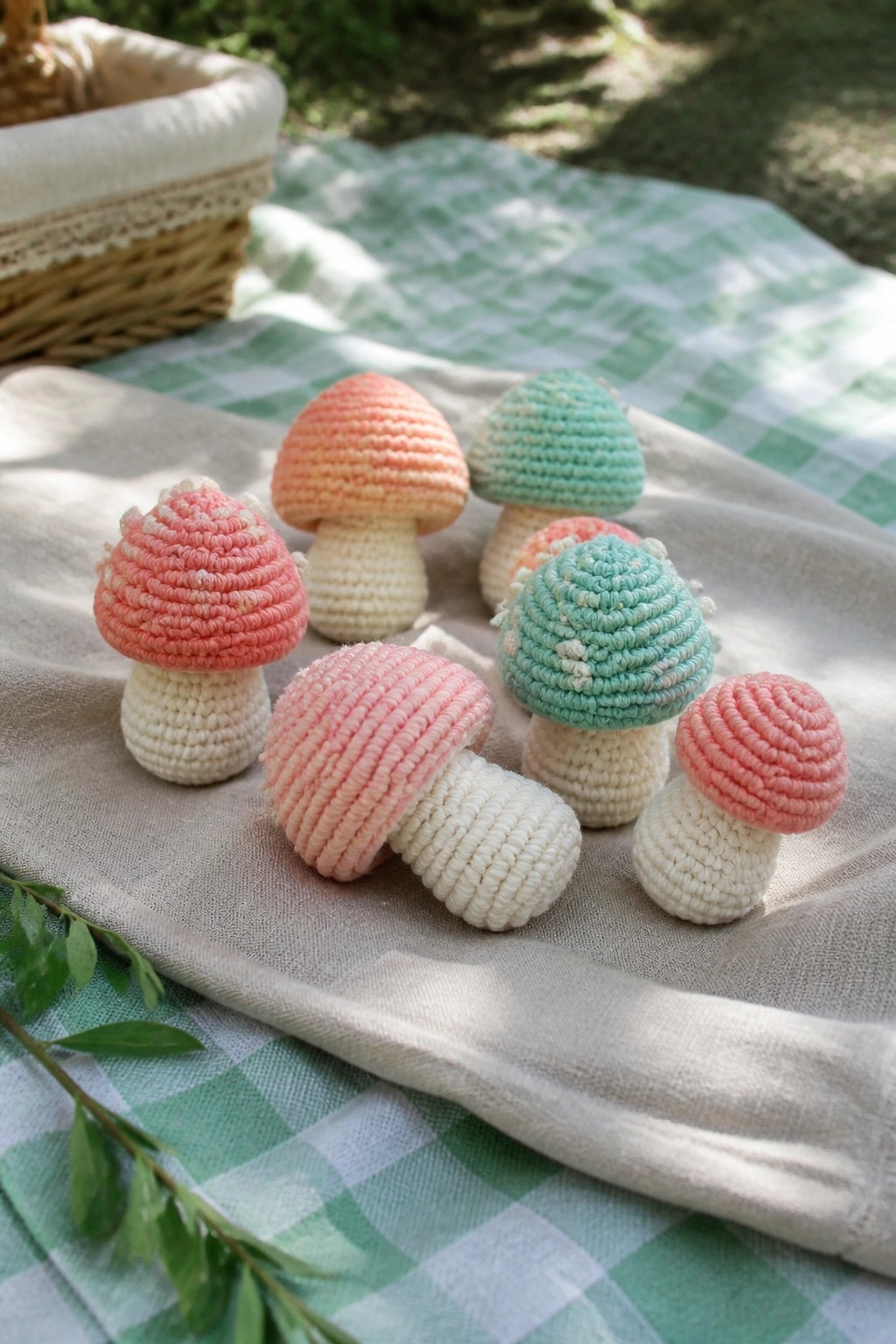 Assorted pastel crocheted mushrooms on picnic blanket with wicker basket nearby