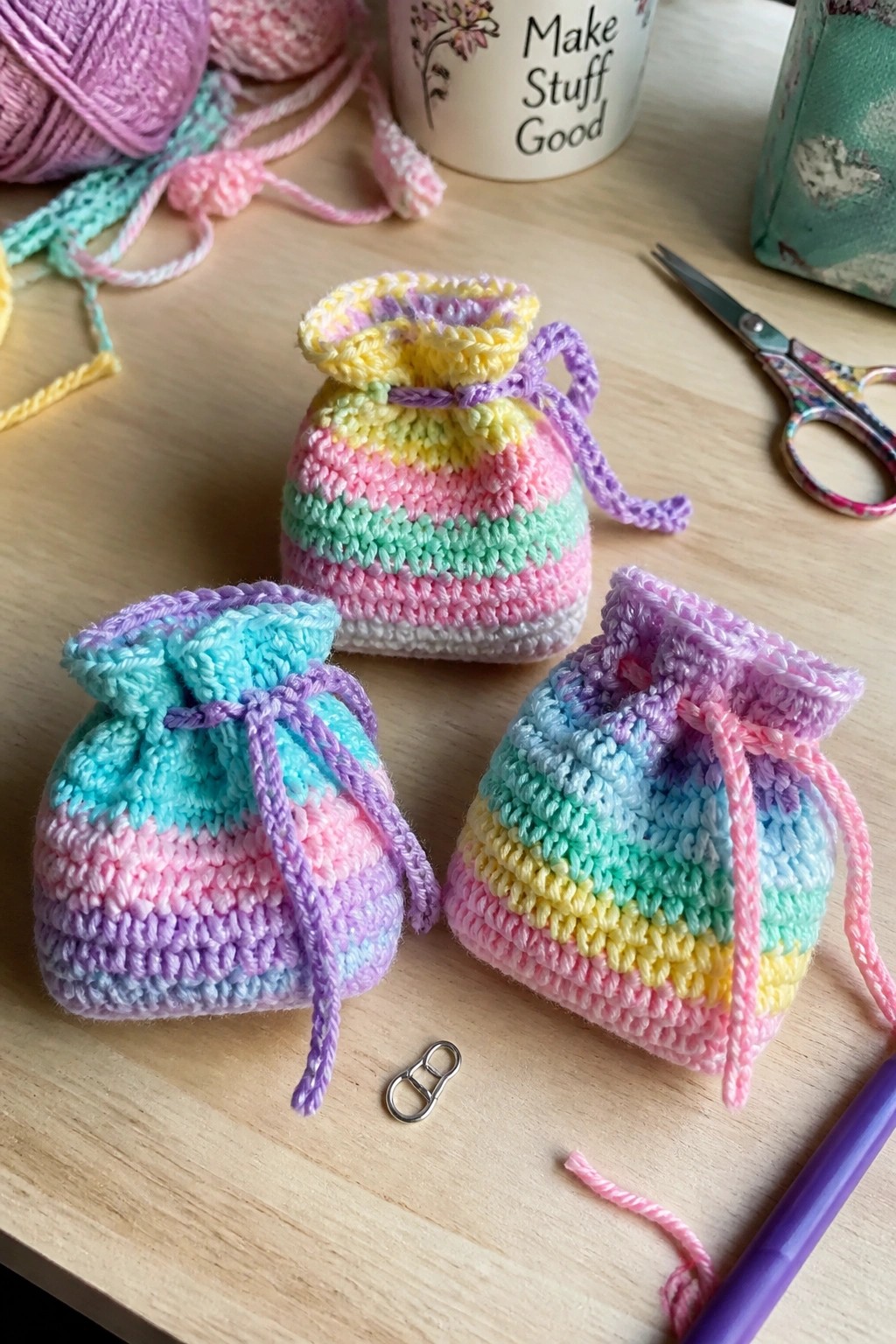 Three pastel rainbow crocheted drawstring bags on wooden table with yarn and supplies