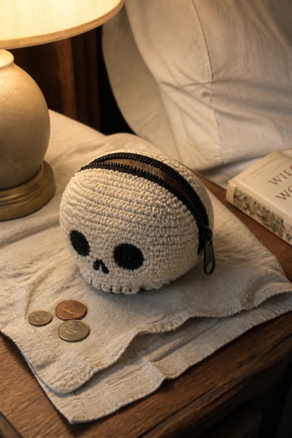 A white crocheted skull pouch with black eyes and nose rests on cloth beside three coins, showing a black zipper along the top.