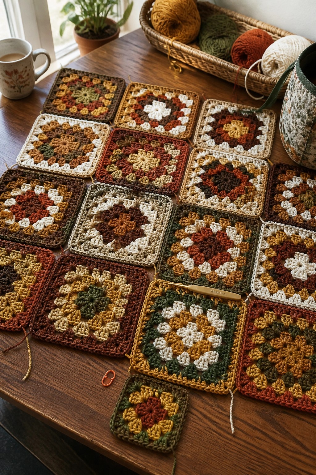 Colorful crocheted granny squares scattered on wooden table with yarn basket and hook