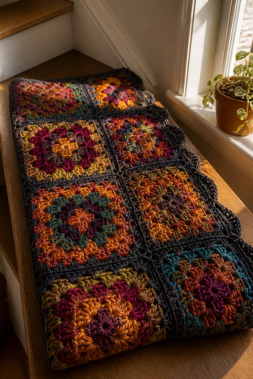 Colorful crocheted granny square blanket on sunlit wooden windowsill beside potted plant