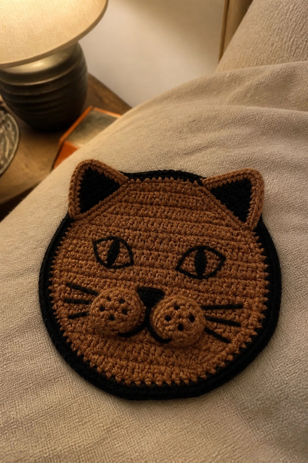 Crocheted brown cat face with black details on beige fabric surface