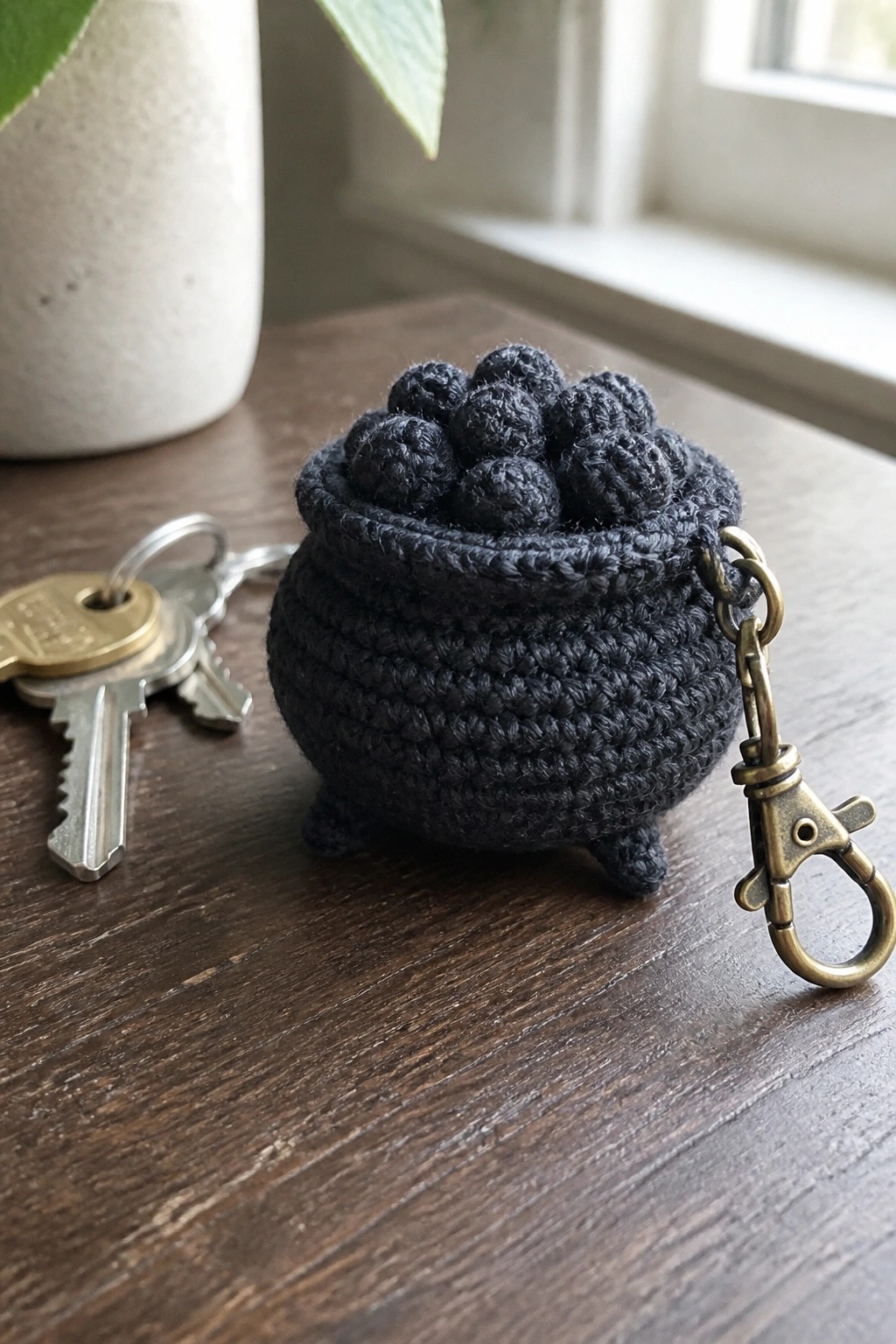 Black crocheted cauldron keychain with bubble texture on top and bronze clasp, placed on wooden surface beside keys.