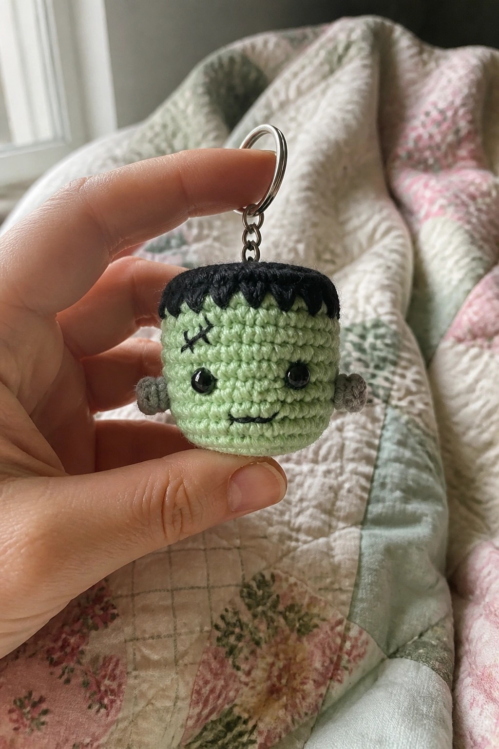 A hand holding a small crocheted green Frankenstein keychain with black hair, gray bolts, and a metal ring against a quilted background.