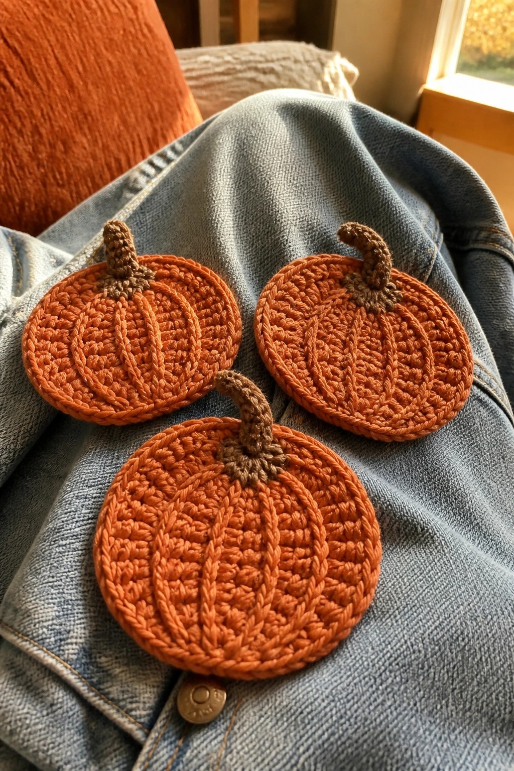 Three crocheted orange pumpkins with brown stems on blue denim jeans.