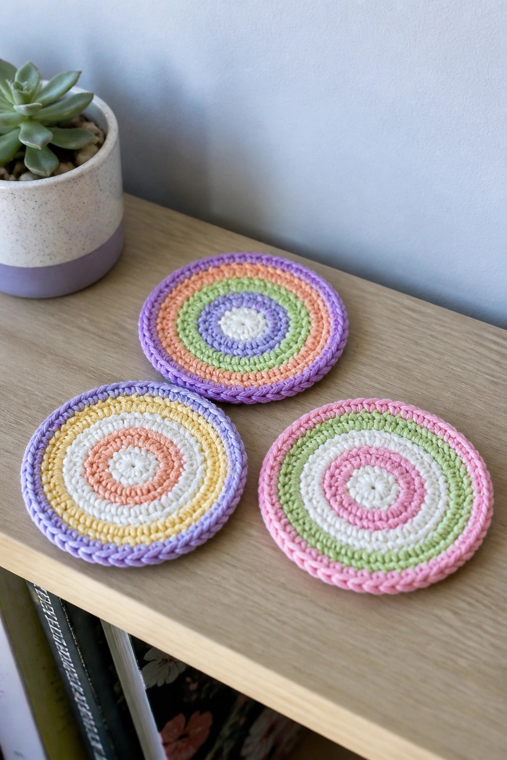 Three circular crocheted coasters with concentric color rings rest on a wooden surface beside a potted plant.