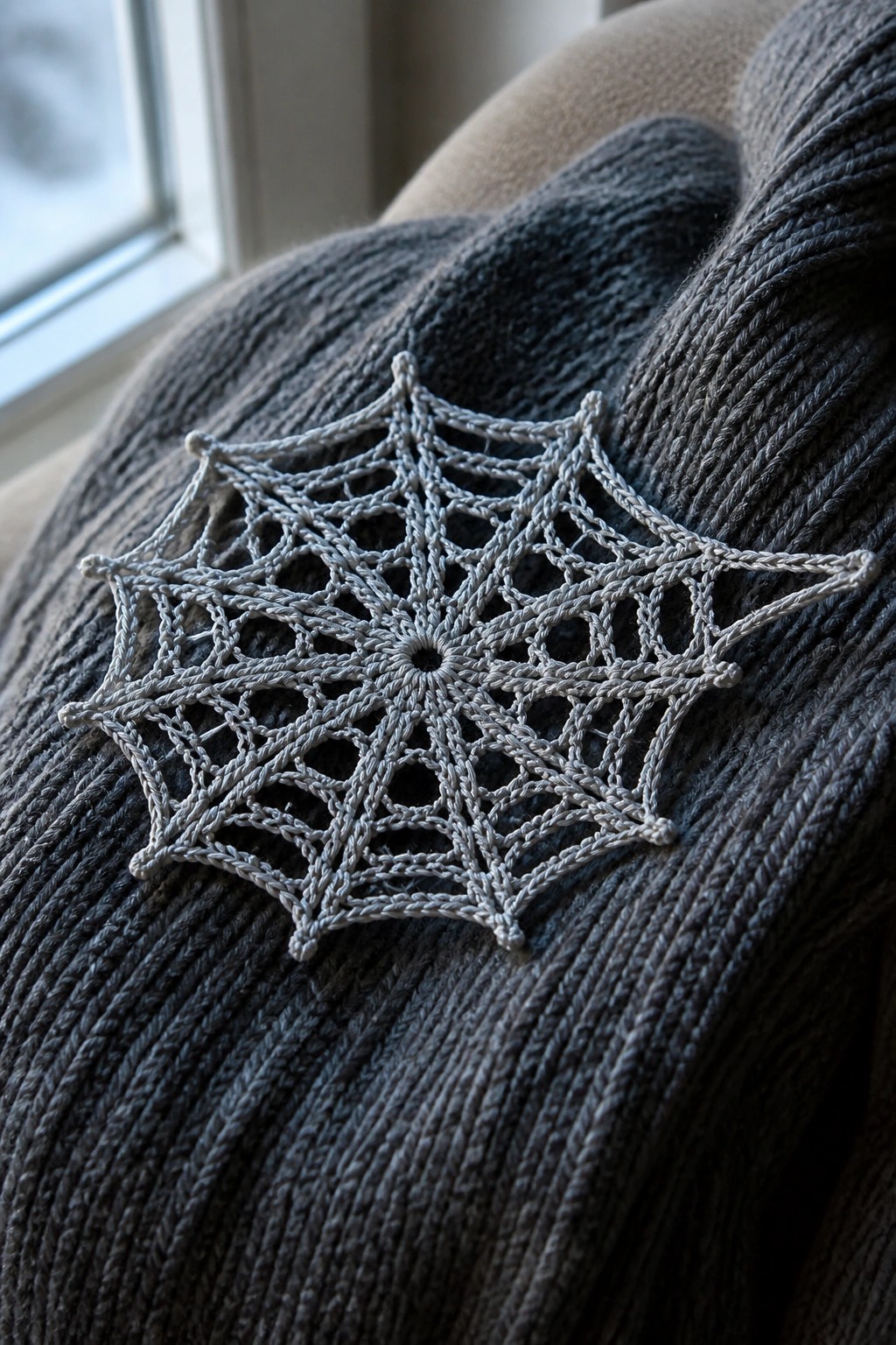Gray crocheted spiderweb on dark ribbed knit fabric near window.