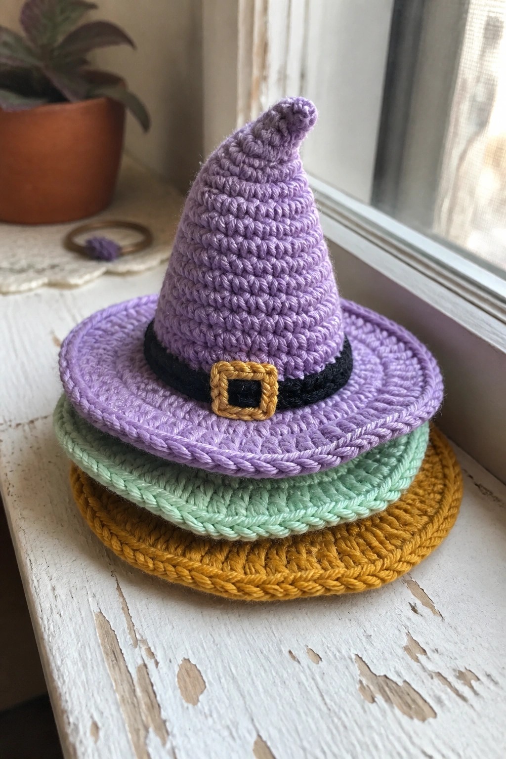 Purple crocheted witch hat with gold buckle atop stacked pastel coasters on windowsill