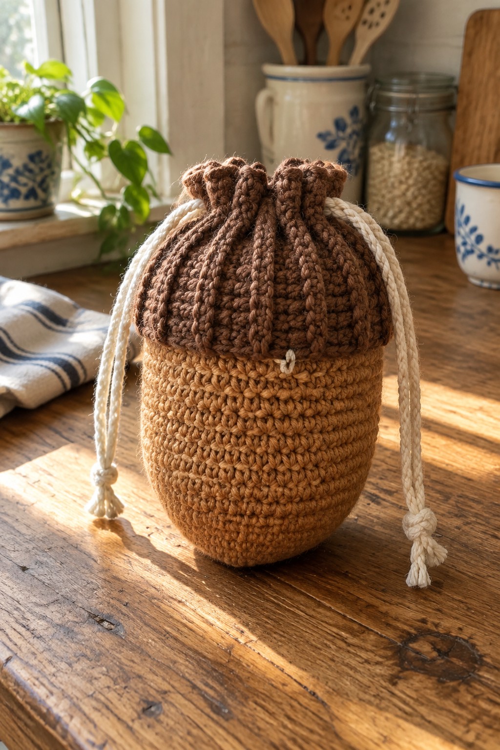 A crocheted acorn-shaped drawstring pouch in two shades of brown with white cords sits on a wooden table.