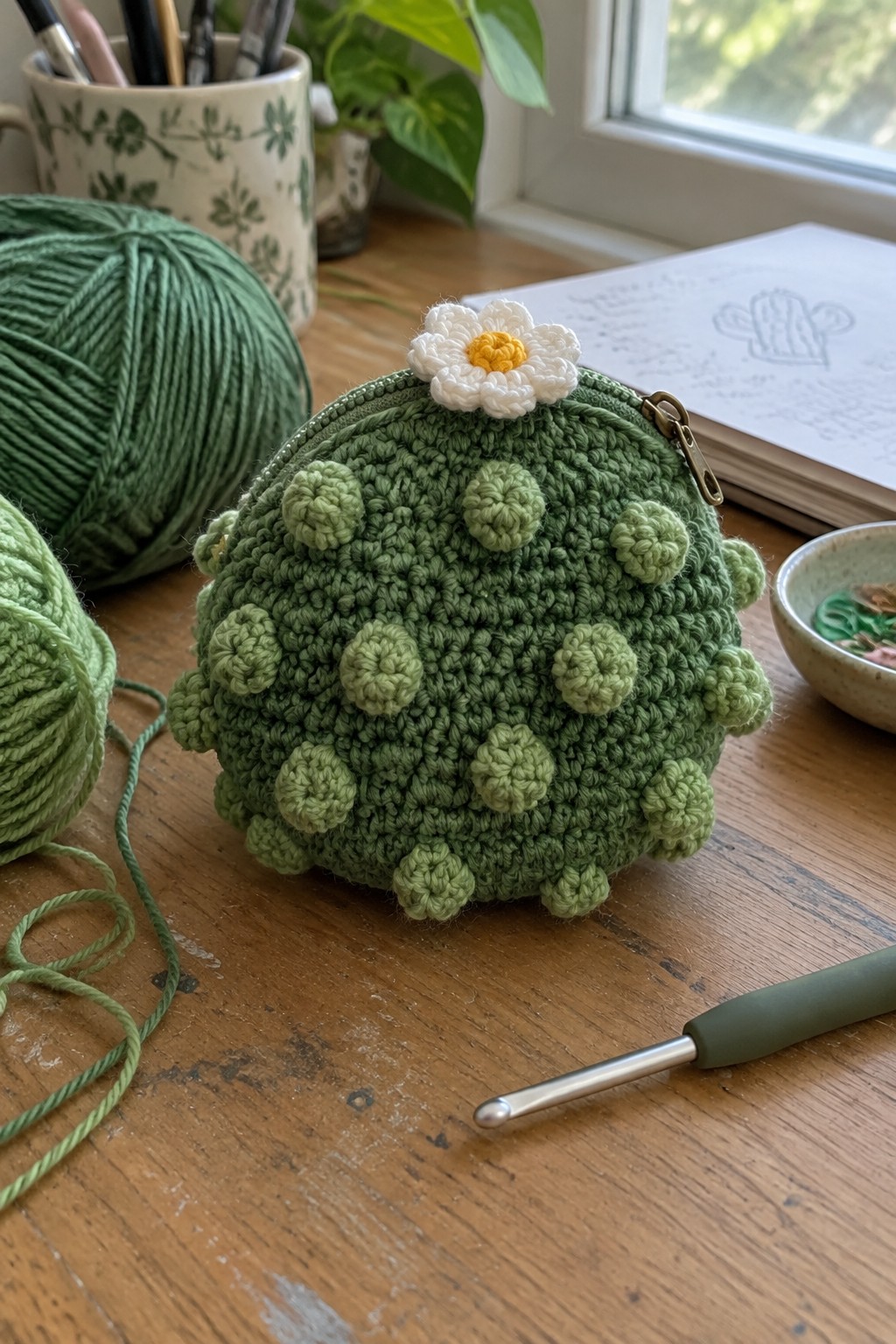 Green crocheted cactus pouch with white flower on wooden table amid yarn and hook