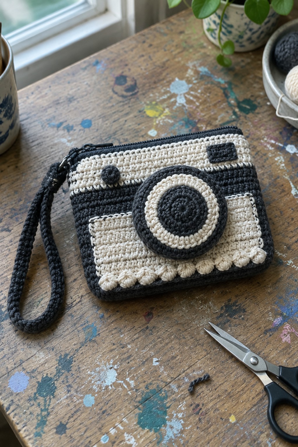 A black and cream crocheted camera-shaped pouch with zipper and wrist strap rests on a wooden table next to scissors.