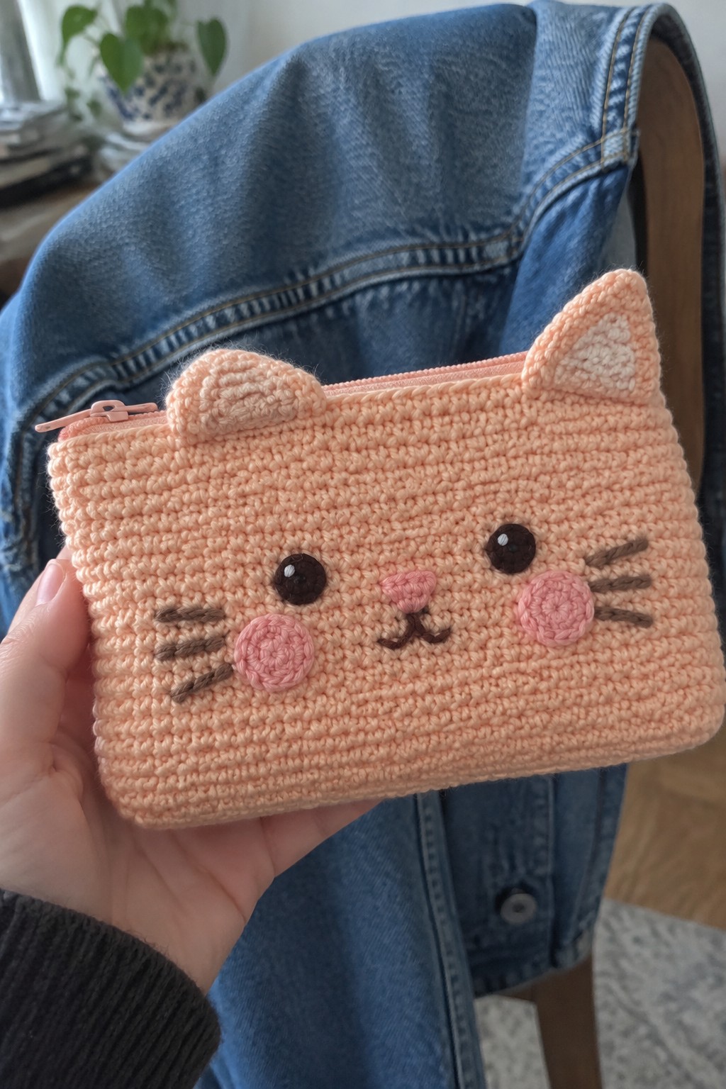 Hand holding peach crocheted cat-face pouch over blue denim fabric.