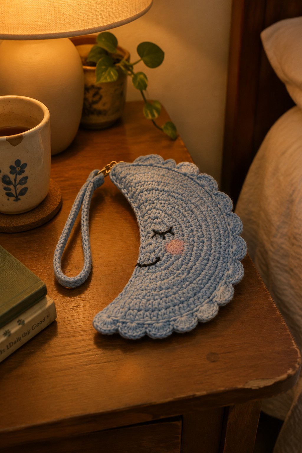 Light blue crocheted crescent moon pouch with face on wooden nightstand