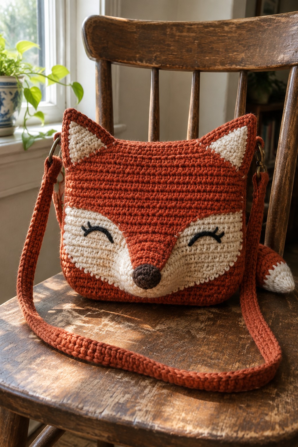 Crocheted orange fox purse with white accents and strap on wooden chair