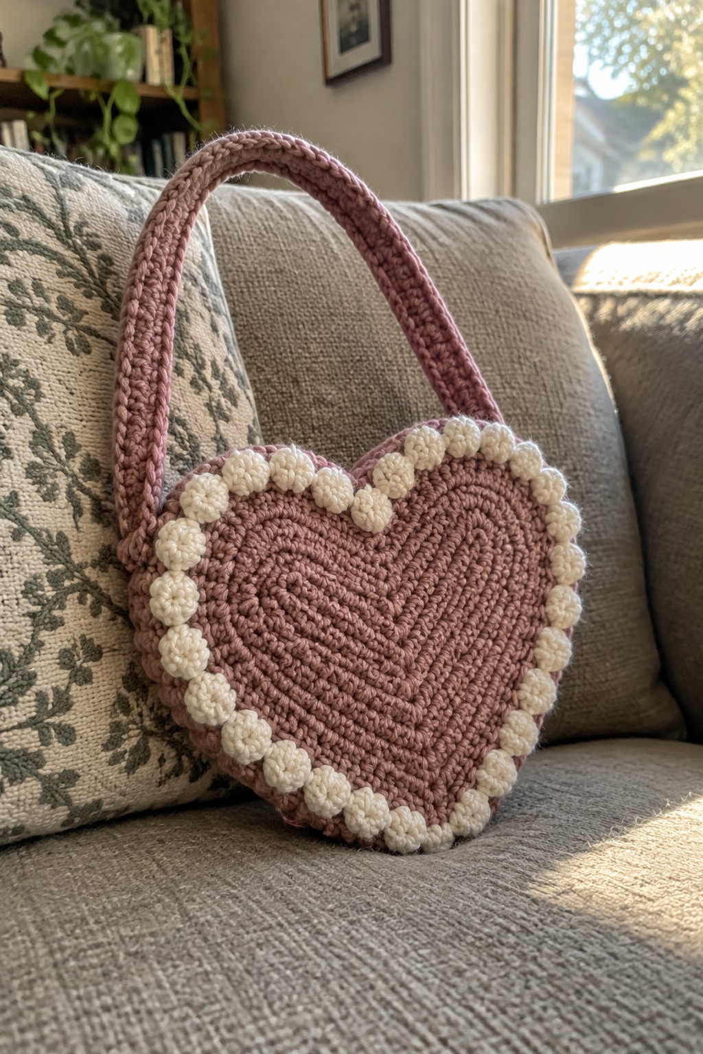 Pink crocheted heart-shaped handbag with white bobble trim on couch