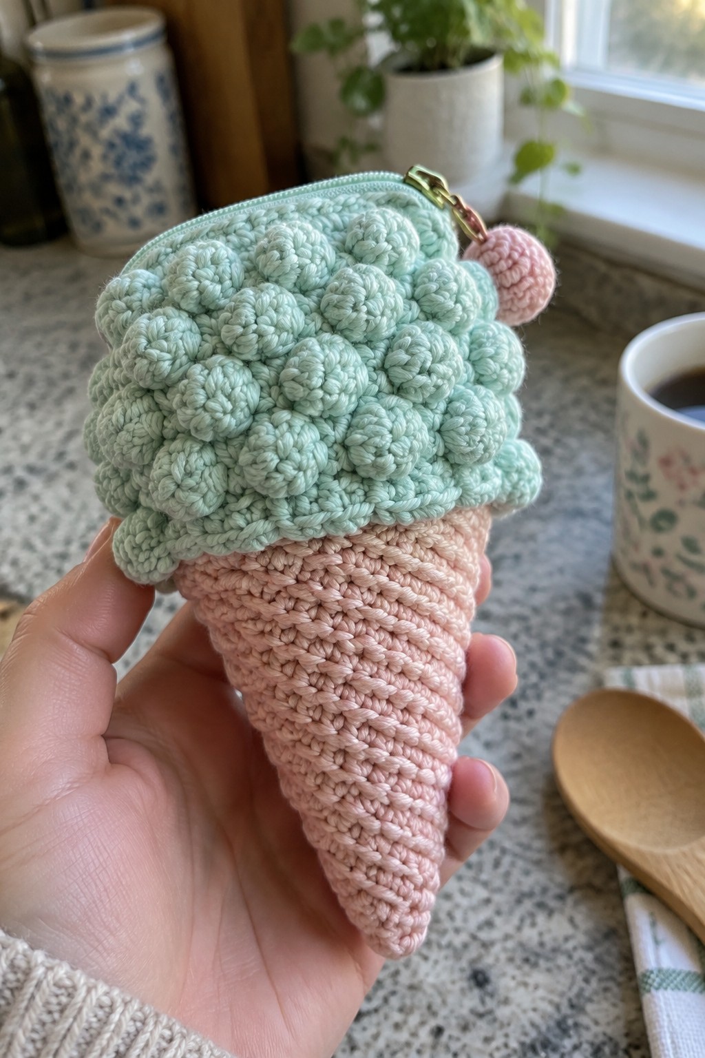 Hand holding crocheted mint green and pink ice cream cone pouch with pom-pom