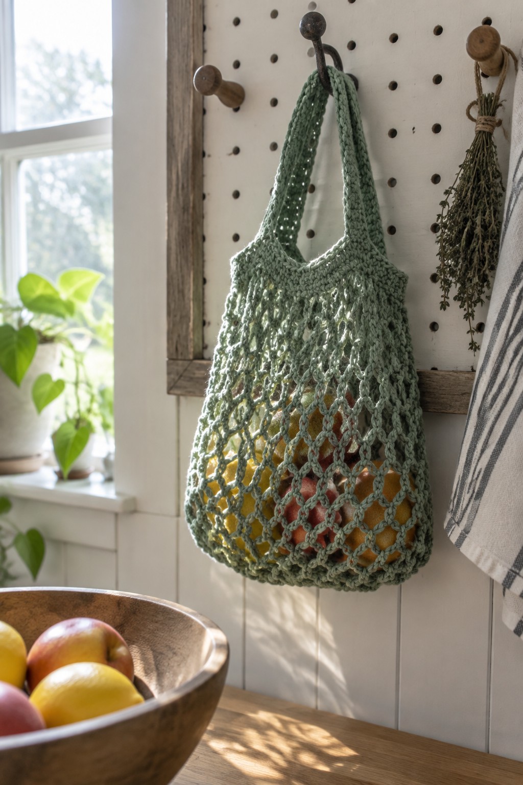 A light green crocheted mesh tote bag filled with apples and lemons hangs from a peg on a white pegboard above a wooden bowl of fruit.