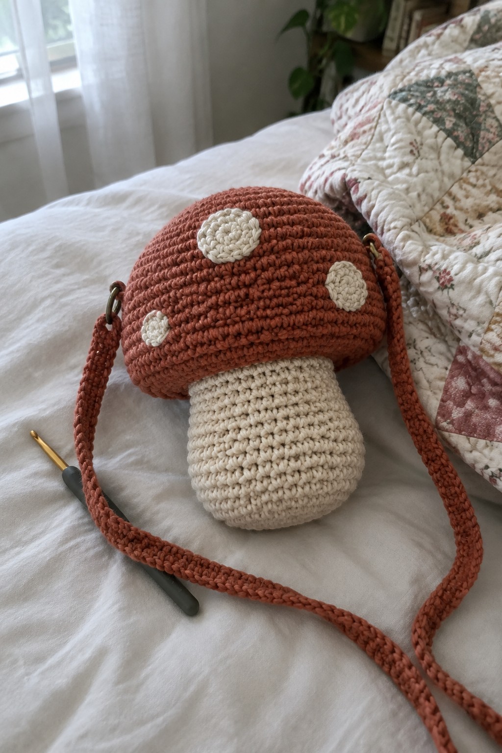 Crocheted mushroom bag in rust with white spots beside hook on white bed