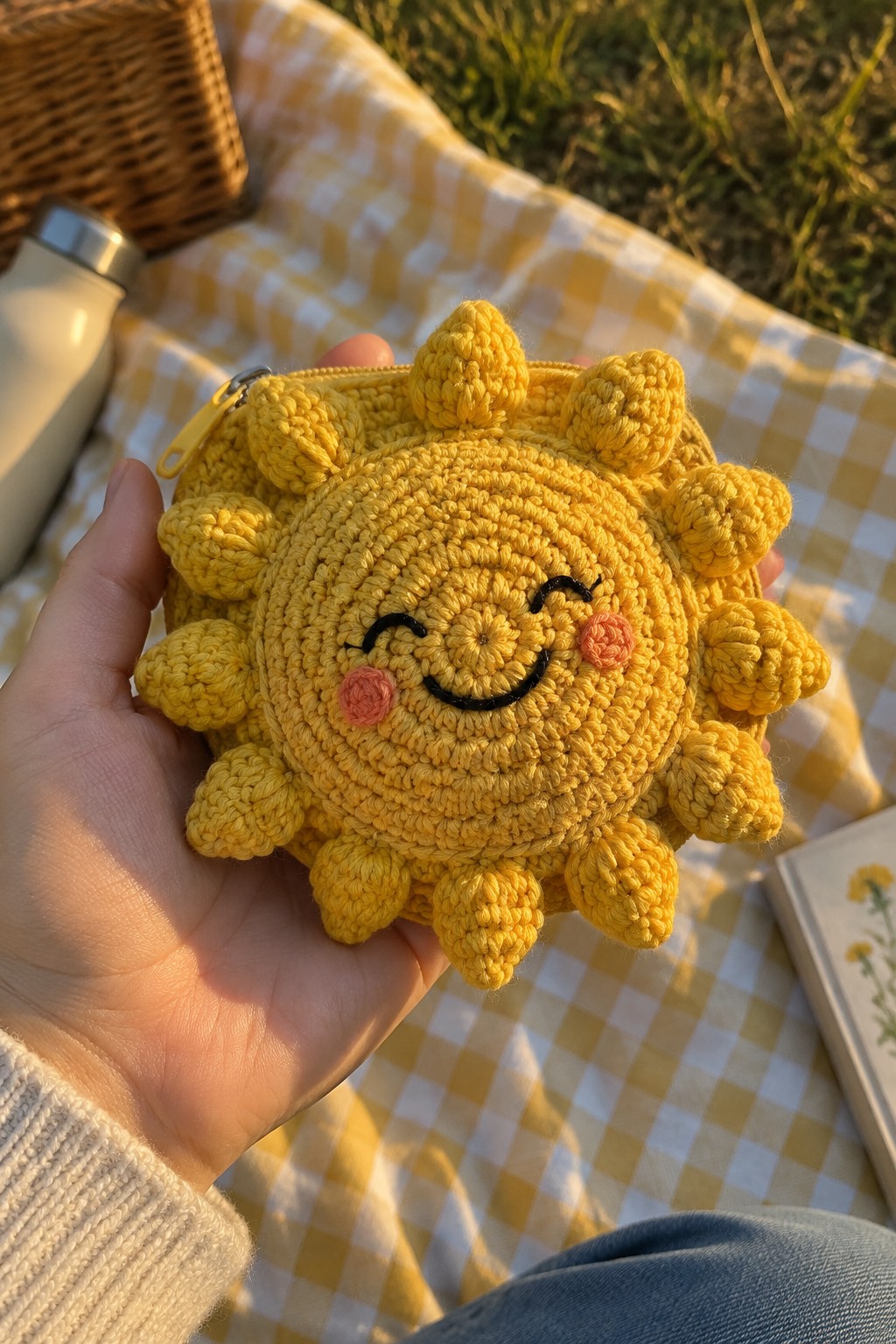 Hand holding yellow crocheted sun pouch with smiling face on checkered picnic blanket