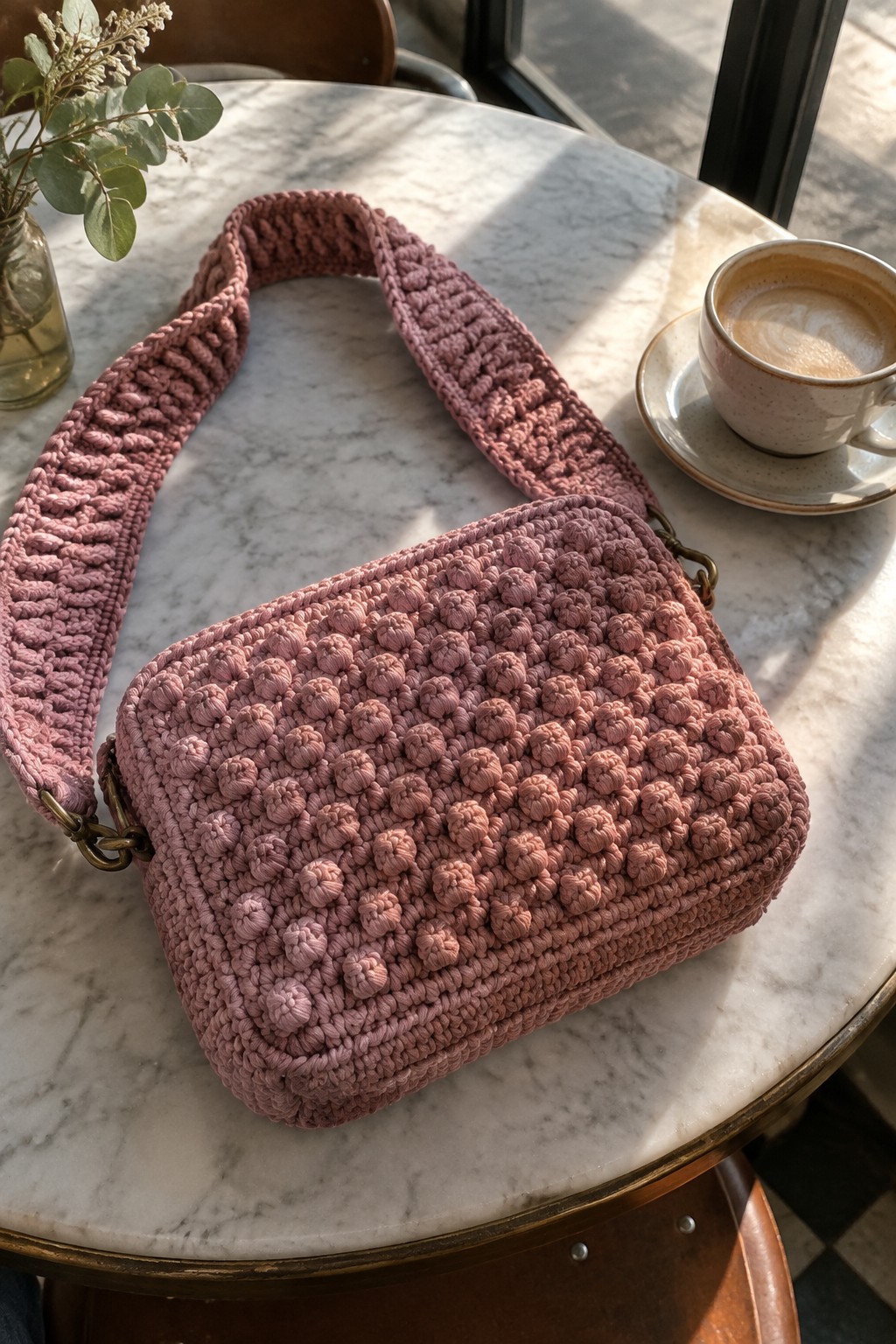 Pink crocheted shoulder bag on marble table beside coffee cup and plant