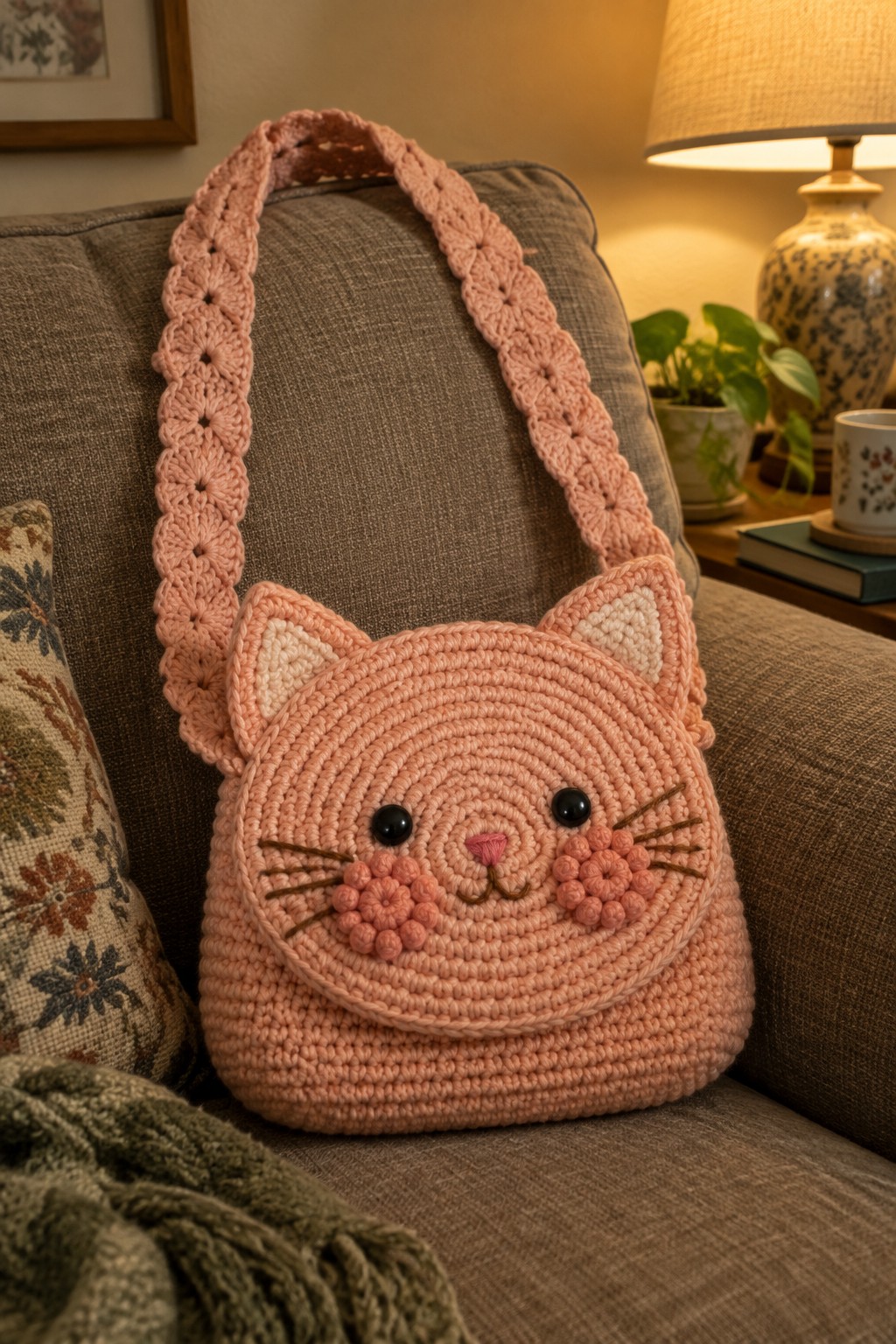 Pink crocheted cat-face handbag with ears and whiskers on gray couch.