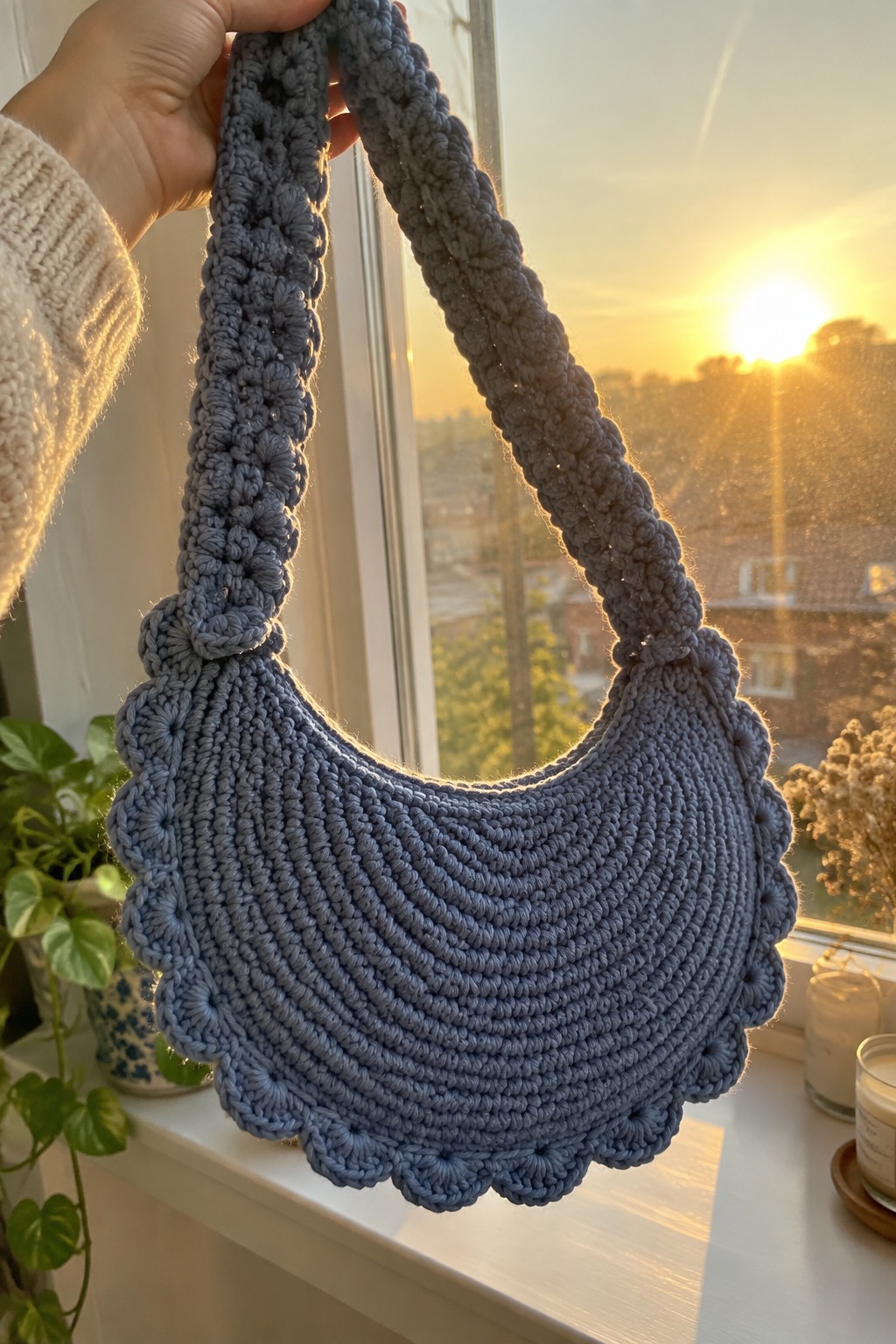 A blue crocheted crescent-shaped shoulder bag with scalloped edges and a wide textured strap held up by a hand.
