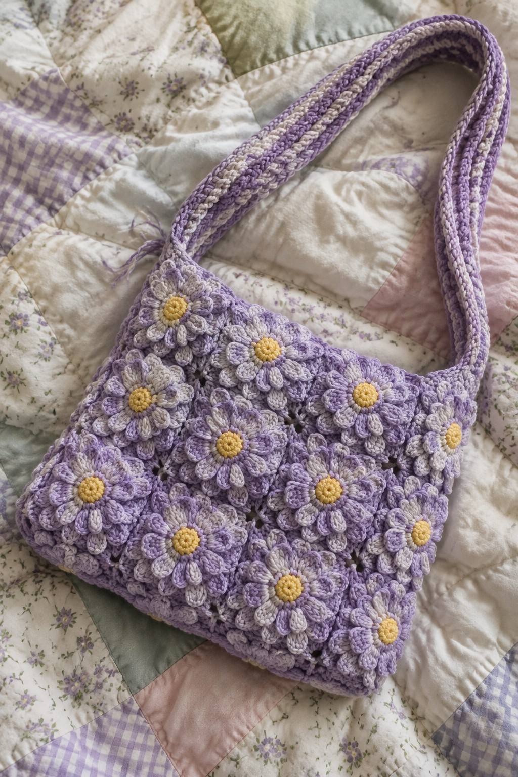 Purple crocheted daisy handbag with yellow centers on floral quilt.