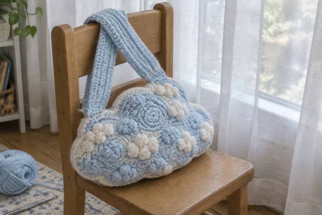 15 Charming Crochet Shoulder Bags With Wide Comfortable Straps Crocheted light blue and white cloud bag on wooden chair with yarn.