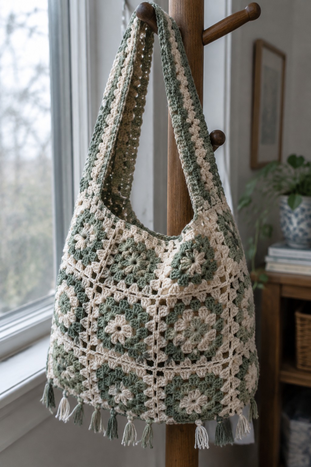 Crocheted green and cream granny square tote bag with tassels on wooden hook