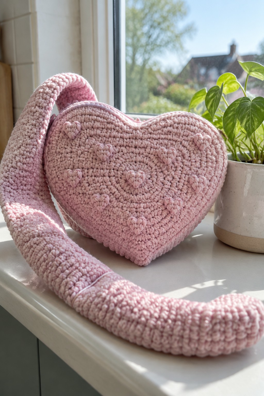 Pink crocheted heart-shaped bag with long strap on windowsill beside potted plant.