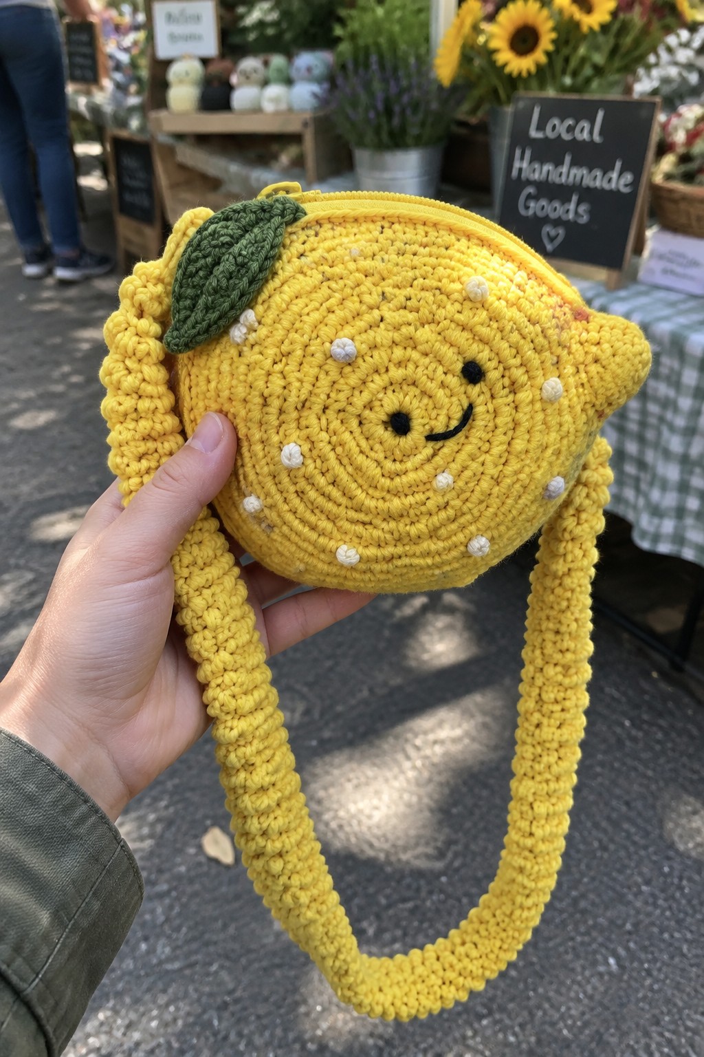 Hand holding yellow crocheted lemon pouch with smiling face and long strap at market