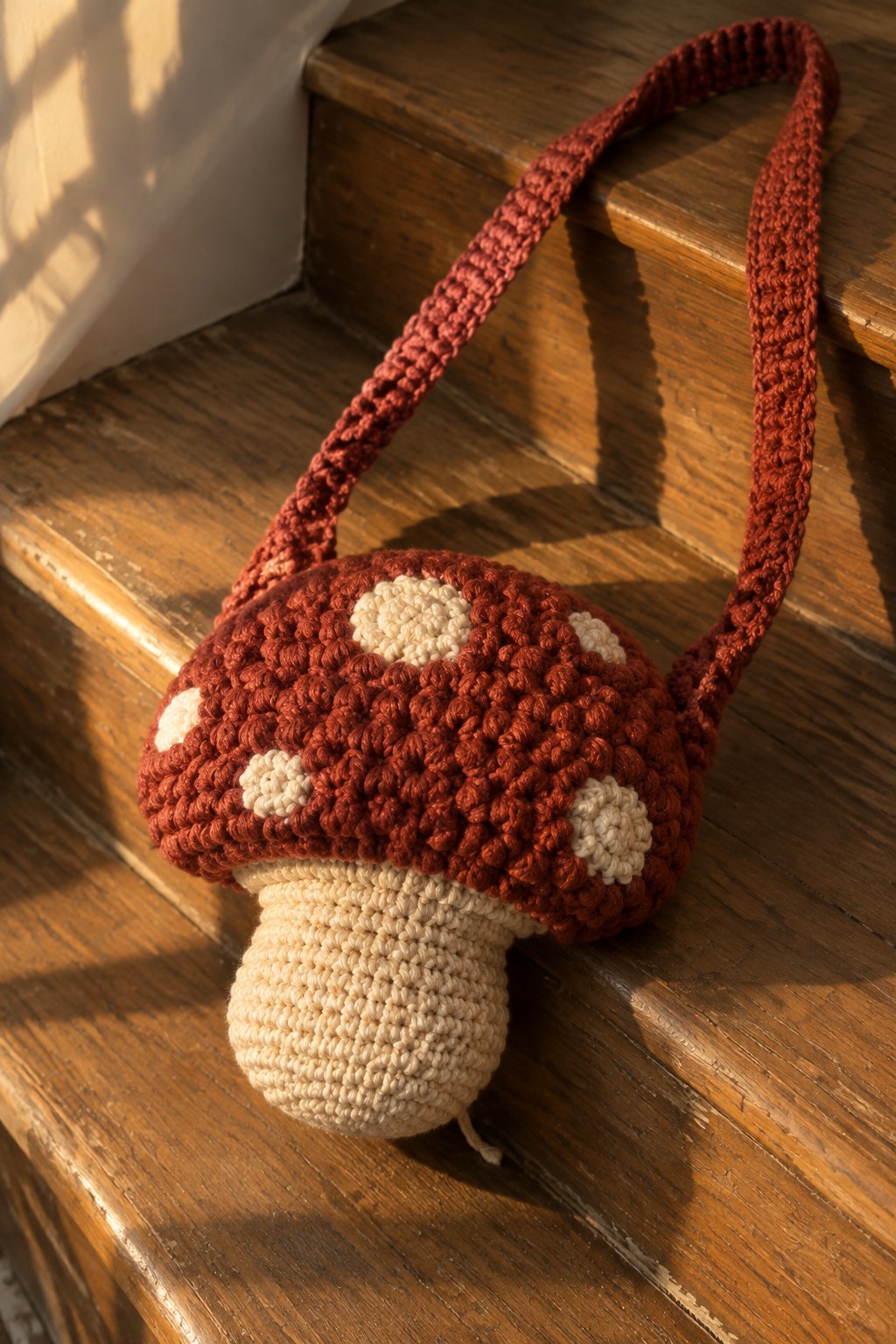 Crocheted red mushroom bag with white spots and beige stem on wooden stairs