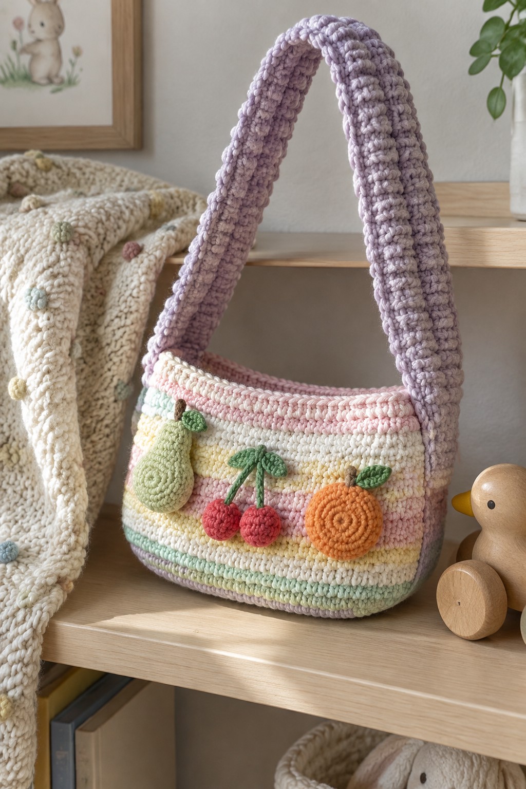 Pastel rainbow crocheted handbag with pear, cherry, and orange appliques on wooden shelf.