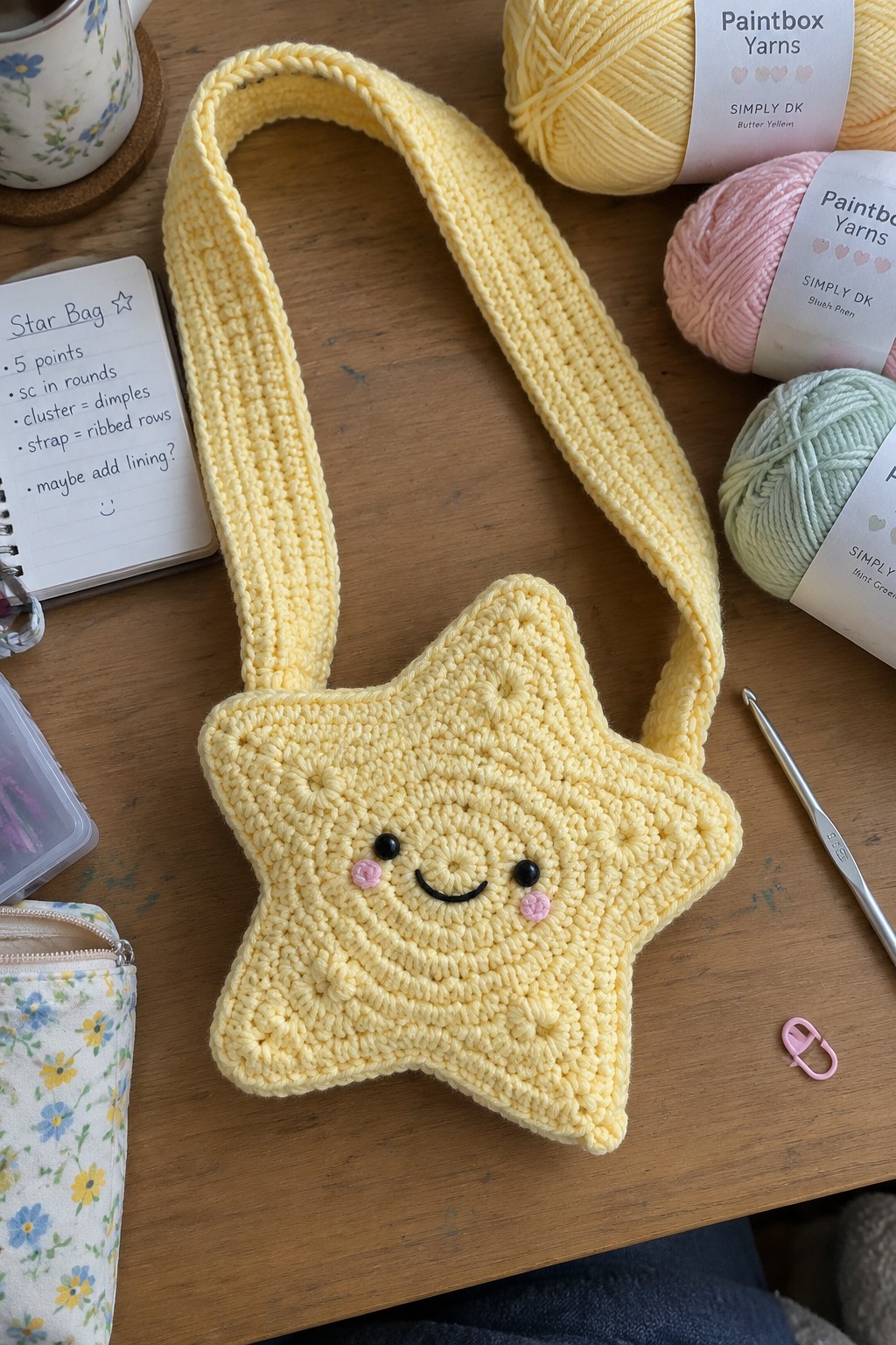Yellow crocheted star bag with smiley face amid yarn balls and notebook on table