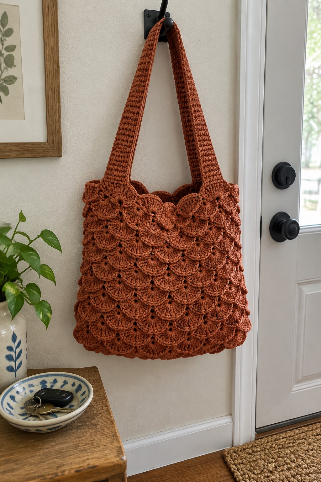Rust crocheted tote bag with scalloped pattern hanging on black hook by white door