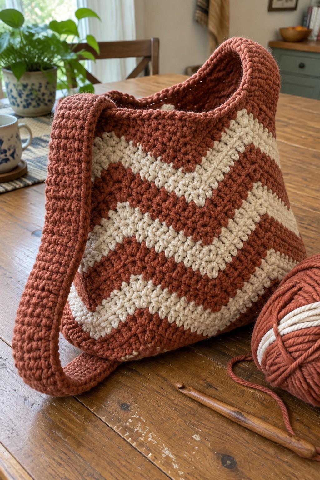 Chevron crochet tote bag in rust and cream on wooden table with yarn and hook
