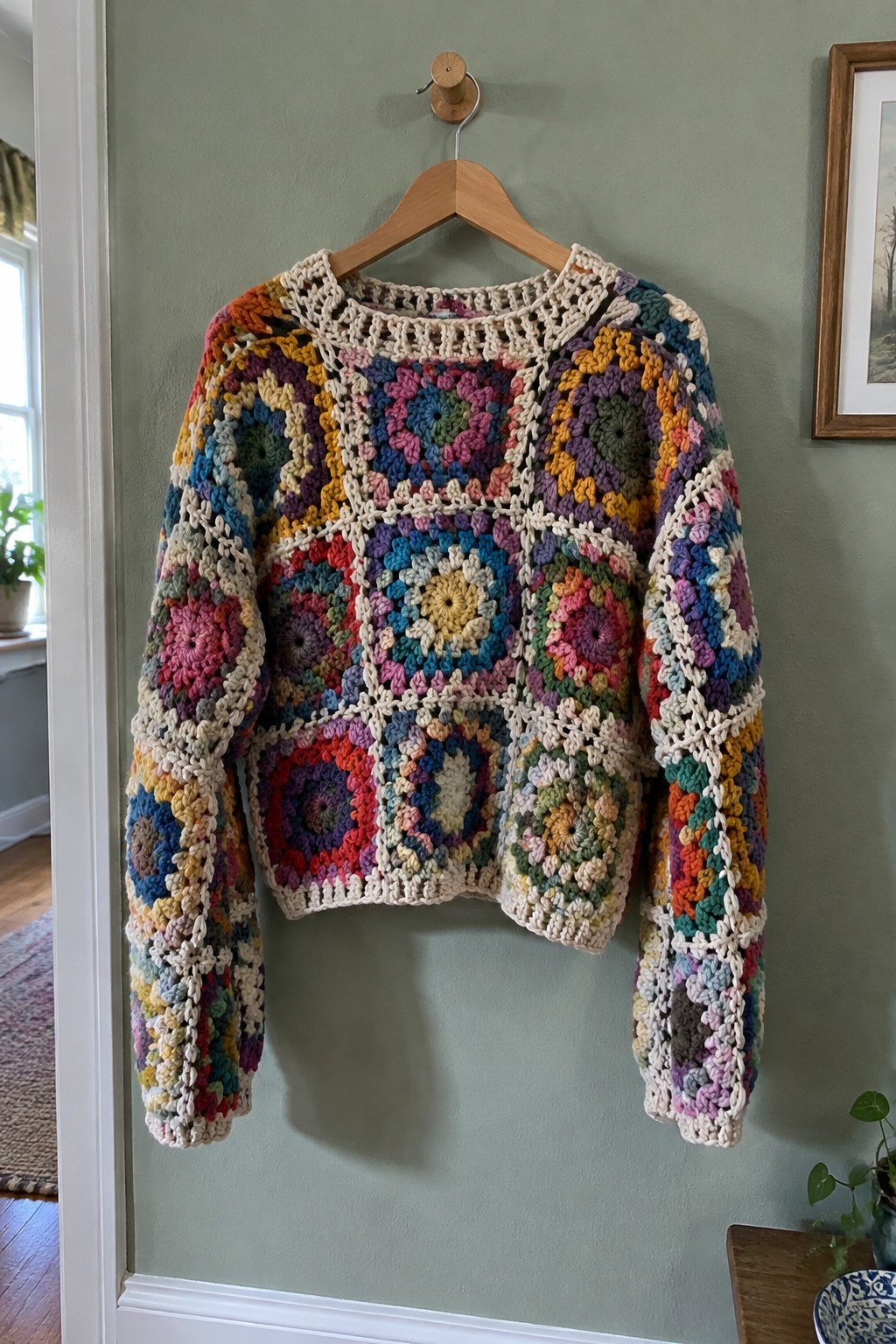 Colorful granny square crocheted sweater hanging on wooden hanger against green wall.