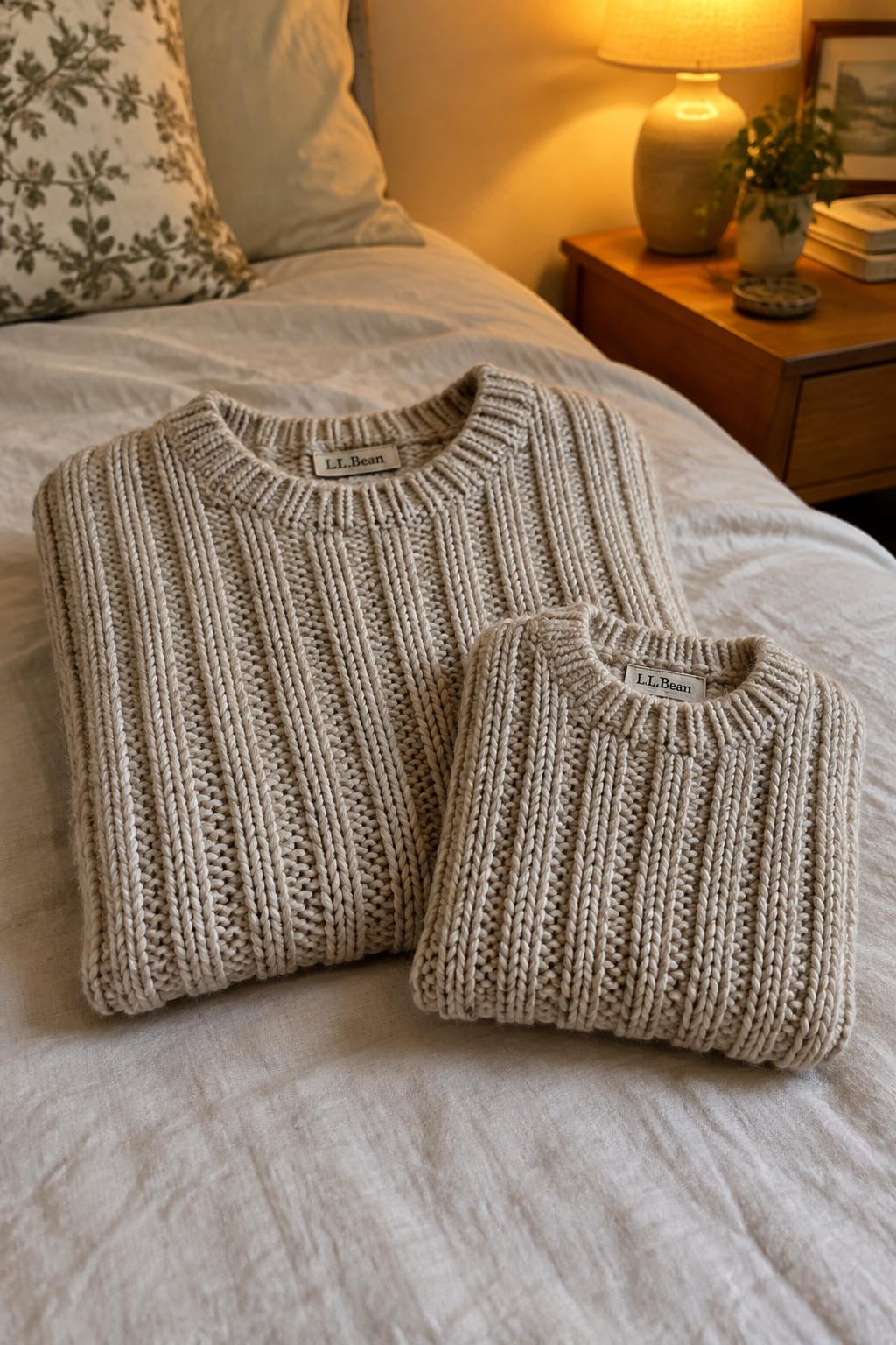 Beige L.L.Bean cable-knit sweaters in adult and child sizes on a white bed