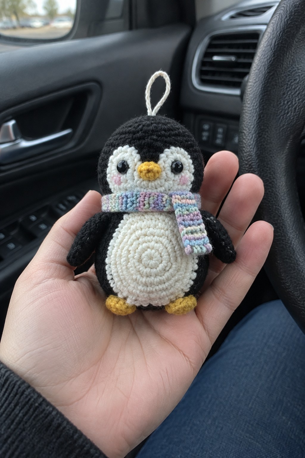 Hand holding crocheted penguin toy with pastel scarf inside car