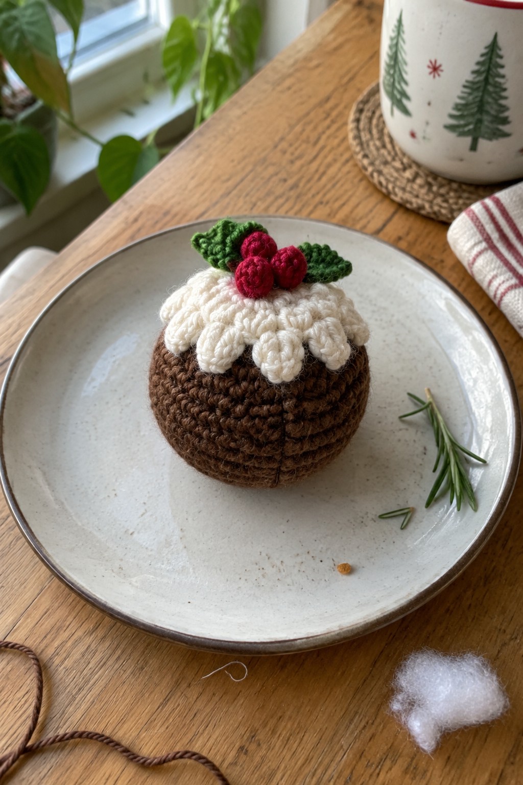 Crocheted Christmas pudding with white icing, red berries, and holly on a plate.
