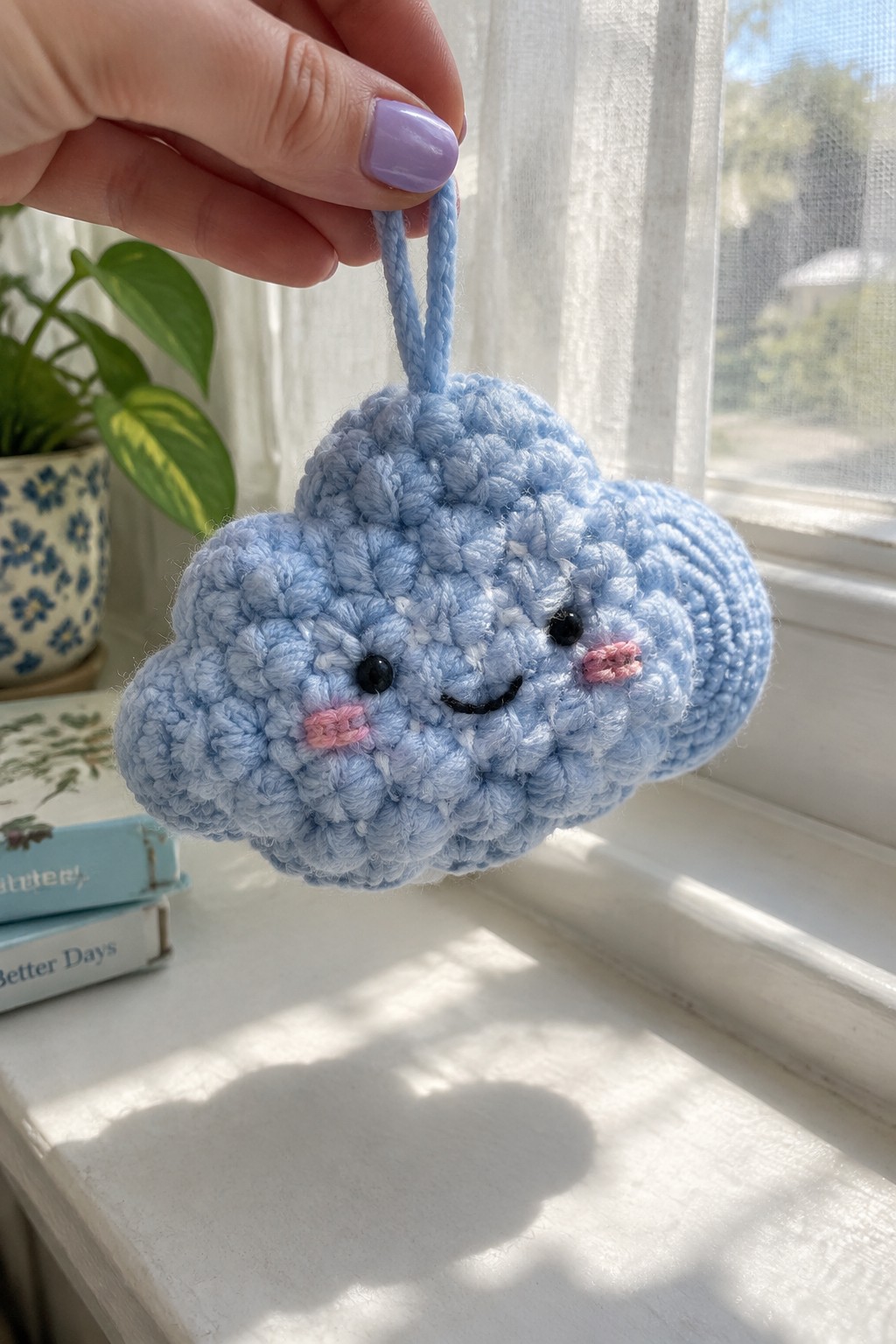 Hand holding light blue crocheted cloud charm with smiling face and pink cheeks.