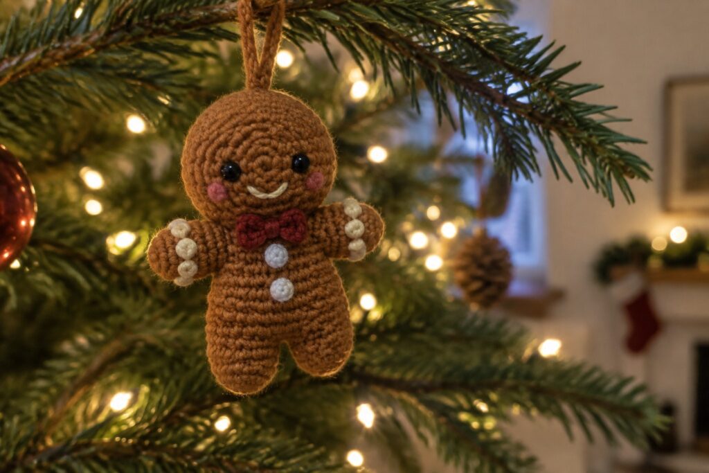 Crocheted gingerbread man ornament with red buttons hanging on lit Christmas tree branch