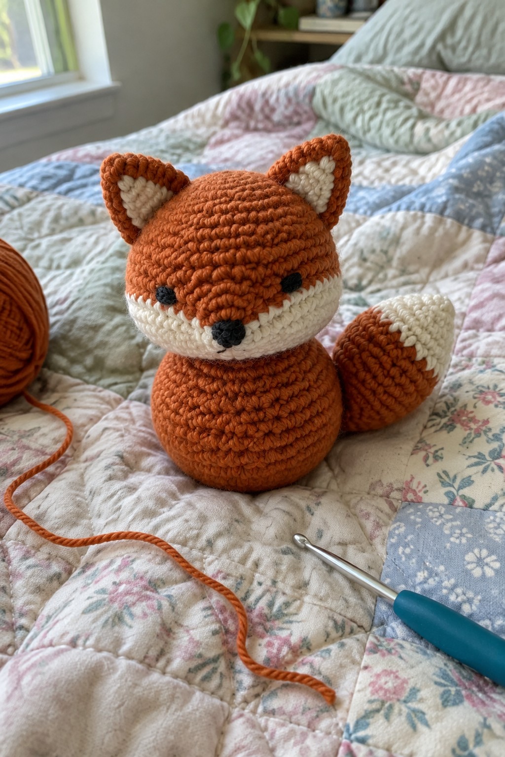 Crocheted orange fox on floral quilt beside yarn ball and crochet hook