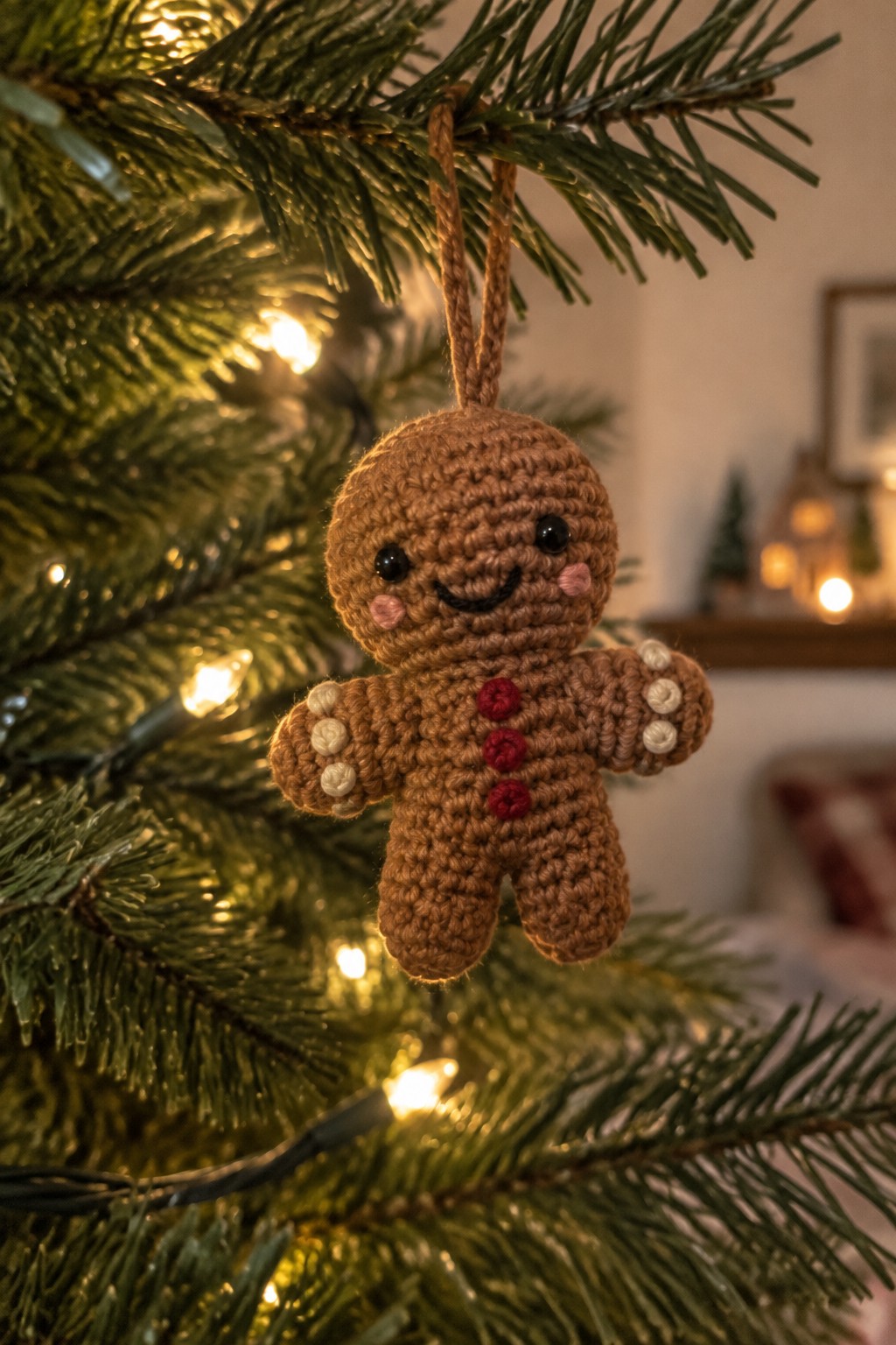 Crocheted gingerbread man ornament with red buttons hanging on lit Christmas tree branch