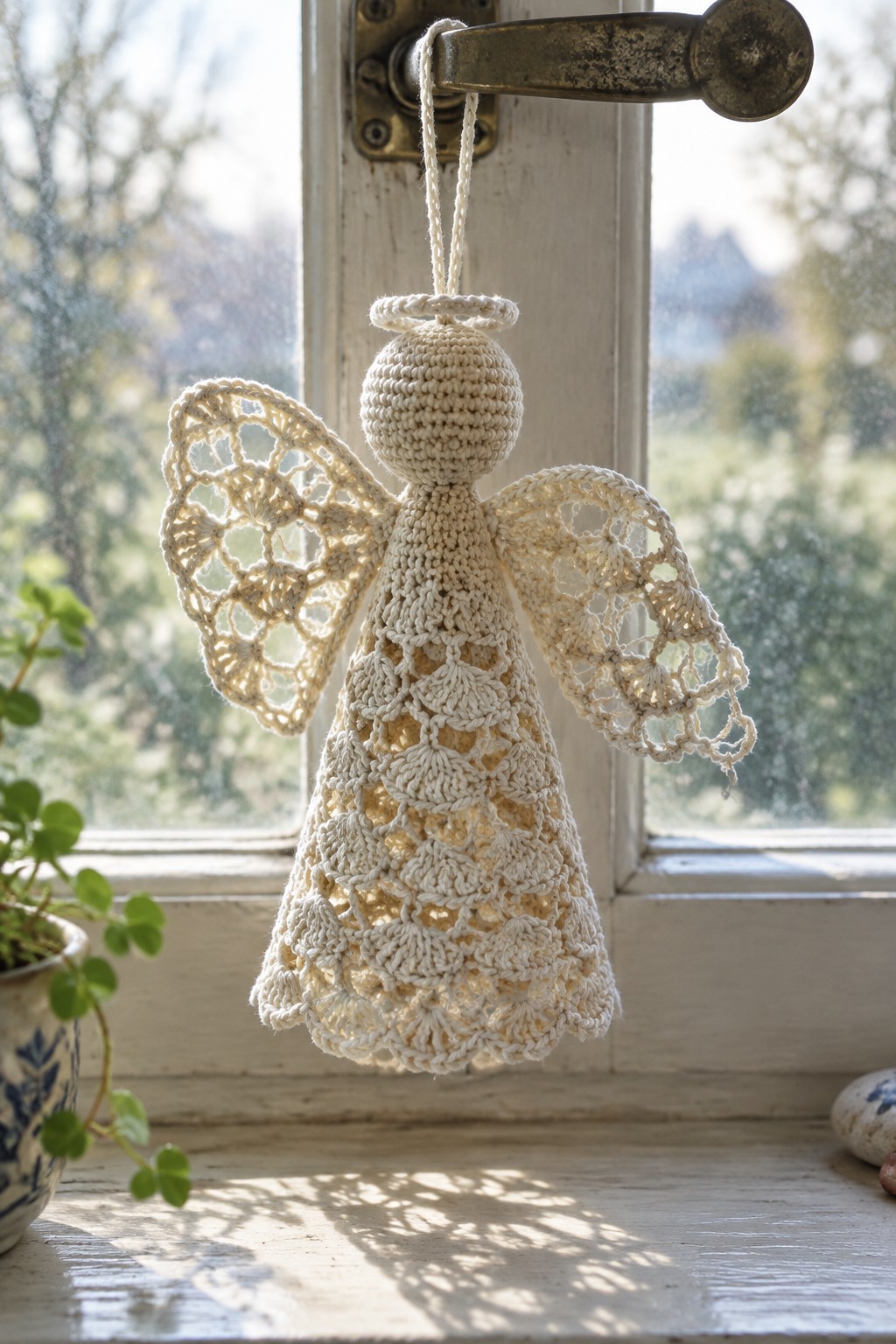 Crocheted cream angel with lacy wings and halo hanging from brass window handle.