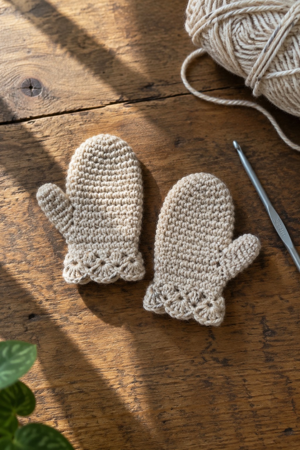 Two beige crocheted mittens with yarn ball and hook on sunlit wooden table