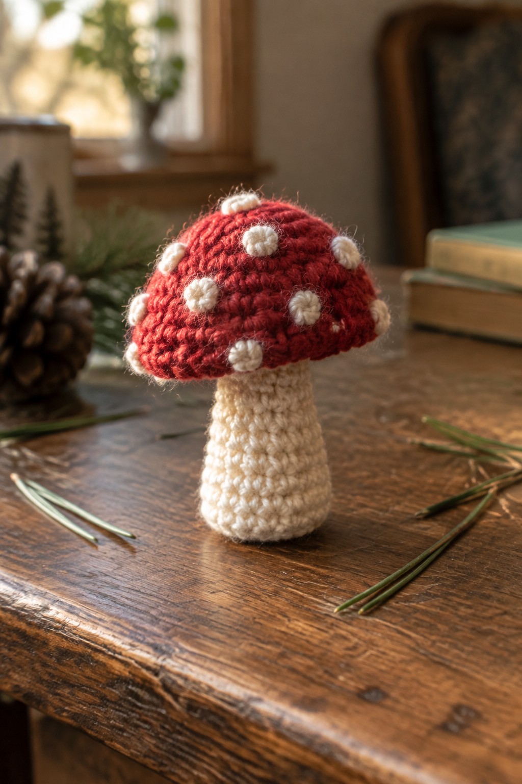 Crocheted red mushroom with white spots on cream stem atop wooden table