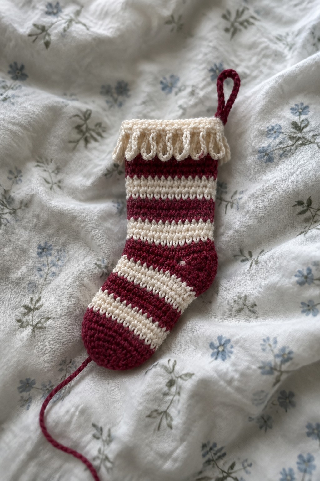 Crocheted red and white striped Christmas stocking with ruffled cuff on floral fabric