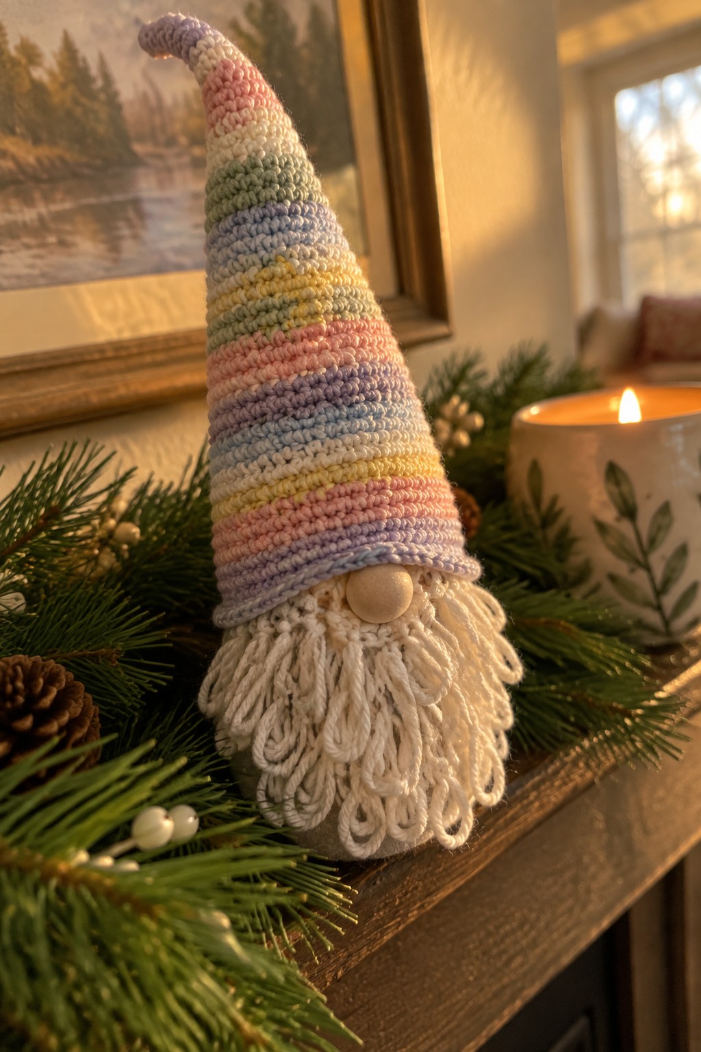 Pastel rainbow crocheted gnome with white beard on pine-decorated mantel beside lit candle